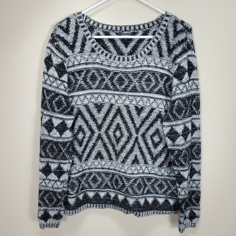 Lucky Brand Gray Black Geometric Long sleeve knit XOXO sweater XL pullover cotto - Picture 2 of 8